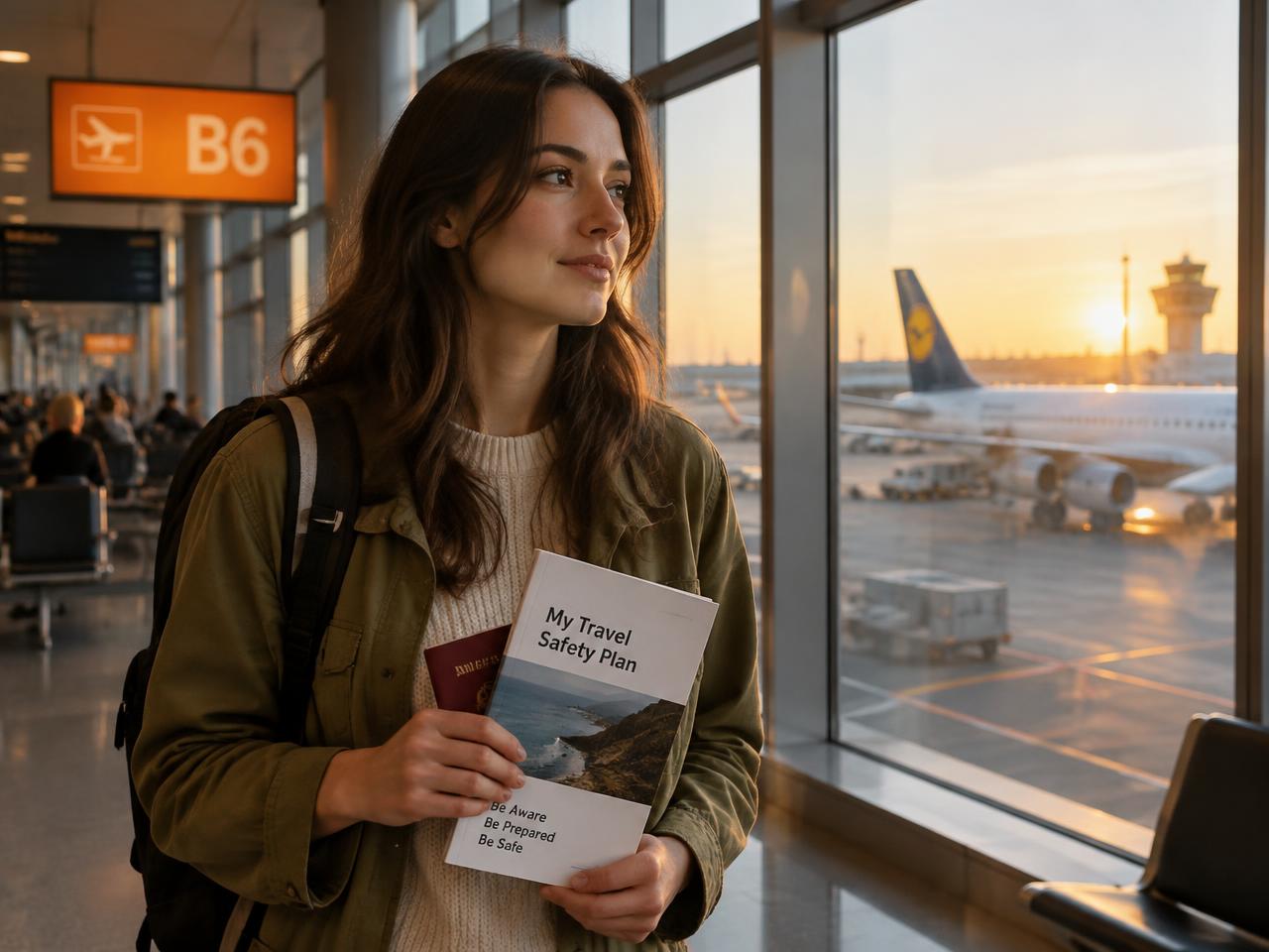 Traveler at an airport gate holding her printed travel safety plan