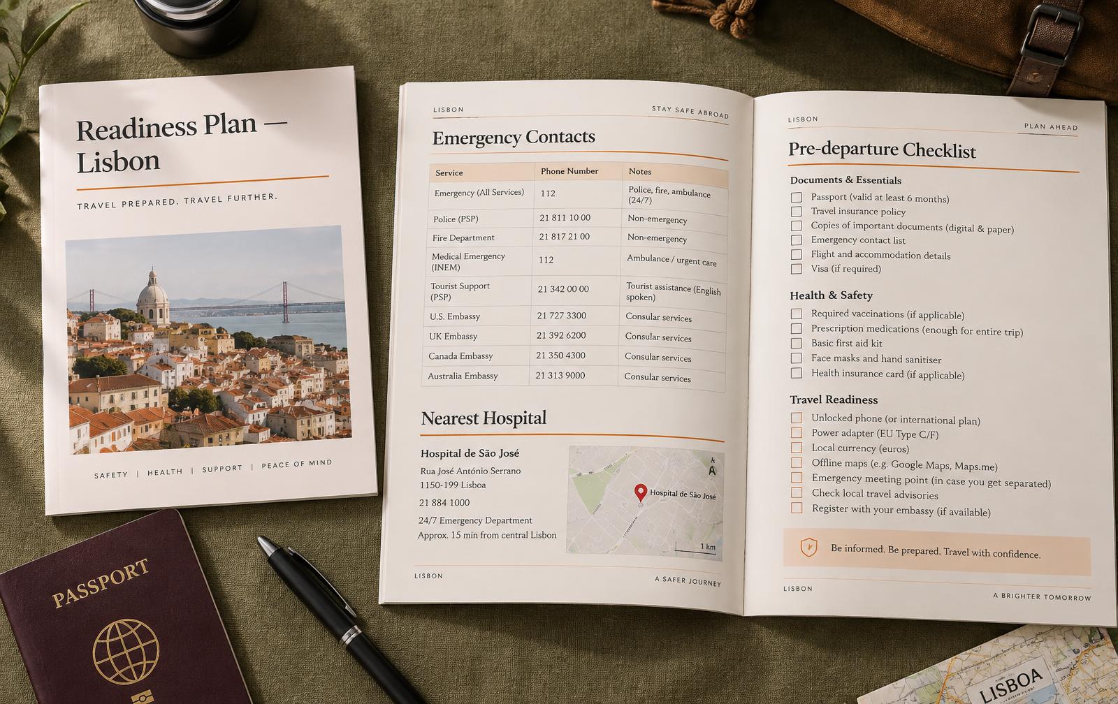 Printed Ready To Go Global readiness plan for Lisbon showing the cover, emergency contacts, nearest hospital and checklist pages